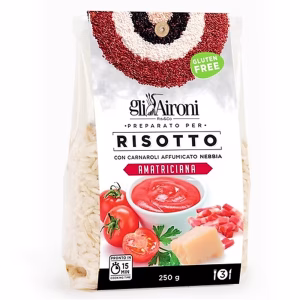 Kant en klare risotto Amatriciana van gerookte Carnaroli rijst. Gedurende ca. 15 minuten stap voor stap water toevoegen en smullen maar! glutenvrij portie voor 2/3 personen