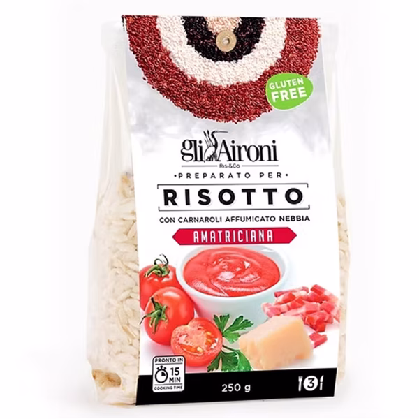Kant en klare risotto Amatriciana van gerookte Carnaroli rijst. Gedurende ca. 15 minuten stap voor stap water toevoegen en smullen maar! glutenvrij portie voor 2/3 personen